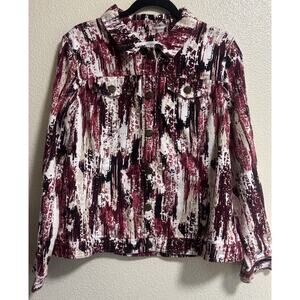Denim Jacket Pink White Artsy Abstract Western Rodeo Boho CJ Banks Size Large